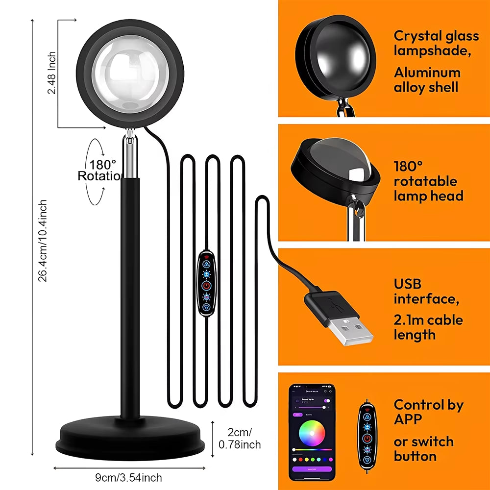 Sunset Lamp Projector with App Control – 21-Color LED Sunset Light, 180° Adjustable for Photography & Room Decor