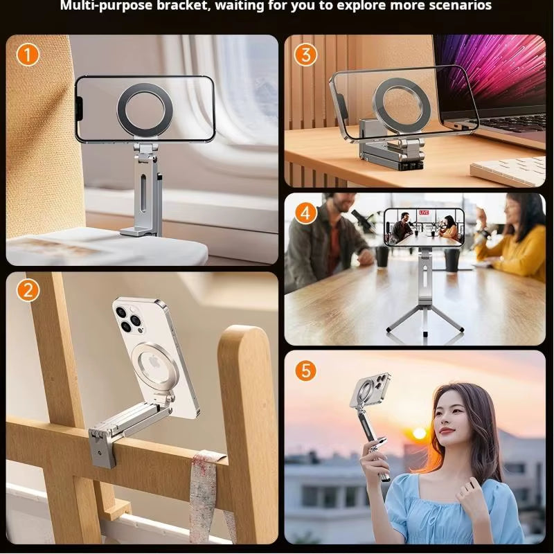 Foldable Magnetic Phone Tripod Holder, 360° Rotating Portable Stand for Iphone & Android Travel Video Shooting Desk/Plane Train